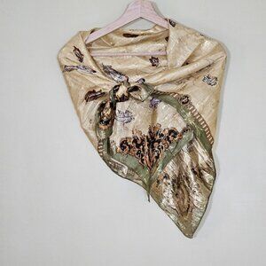 Unbranded Silk Scarf Womens 31 x 32 Inches Multicolor Gold Floral Feathers Print